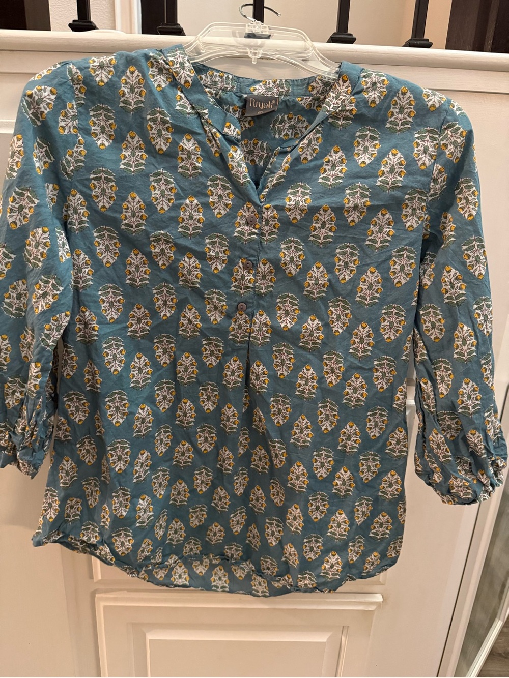 Riyali Teal Floral Print Button V-Neck Blouse
